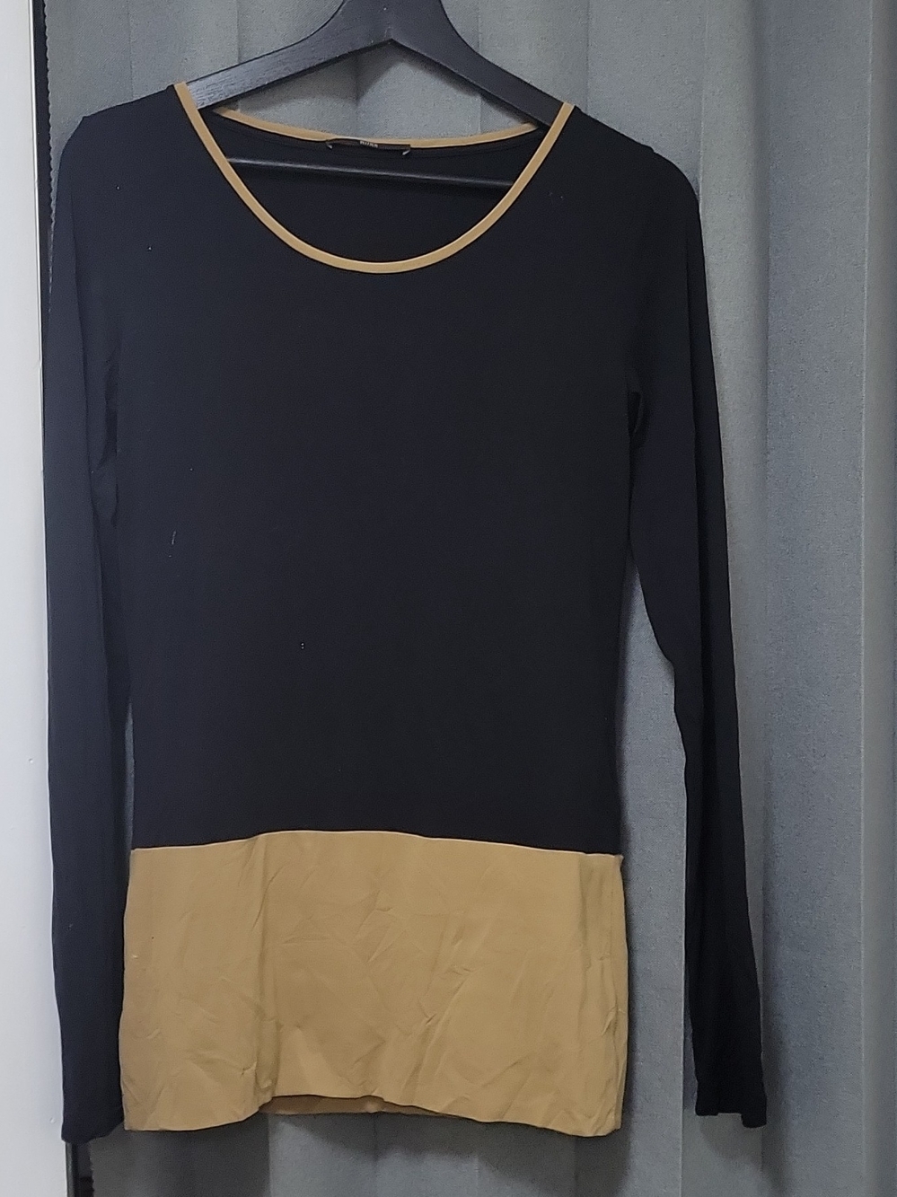 Boss Women's Long Sleeve Black Top with Tan Hem and Trim
